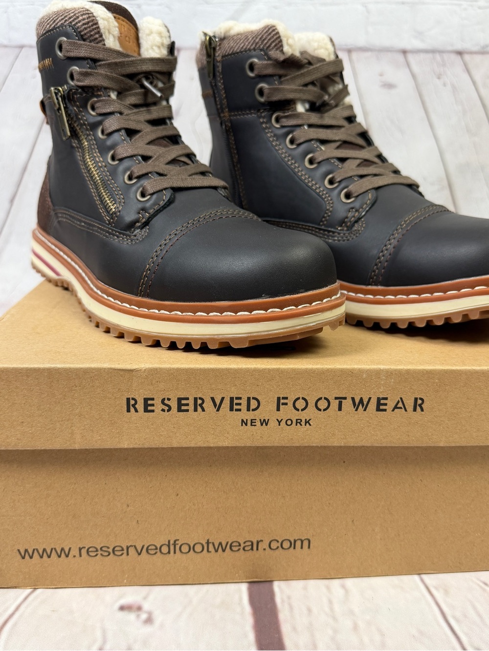 RESERVED FOOTWEAR Gordon men's NEW brown zipper lace warm lined boots, size 7.5 - Picture 15 of 15